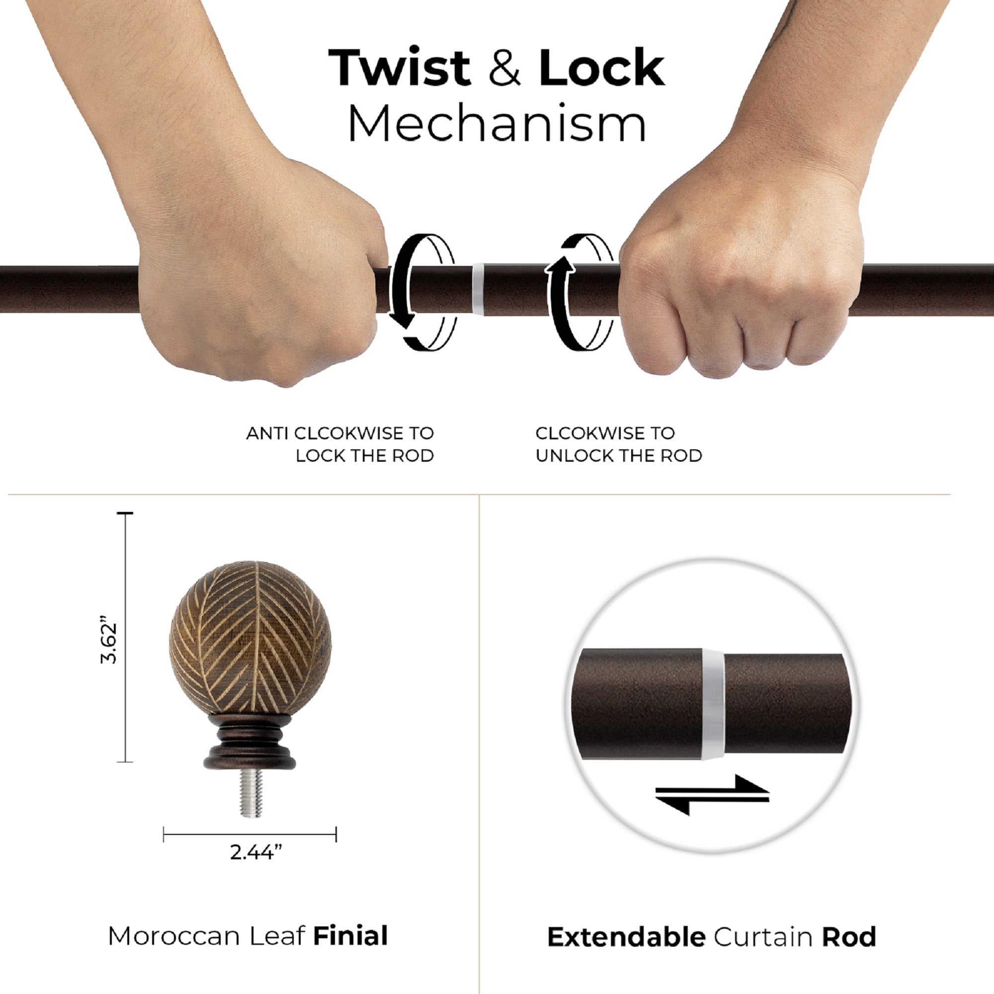  1 inch Extendible Curtain Rod 42" to 120" with Moroccan Leaf Finials Brown