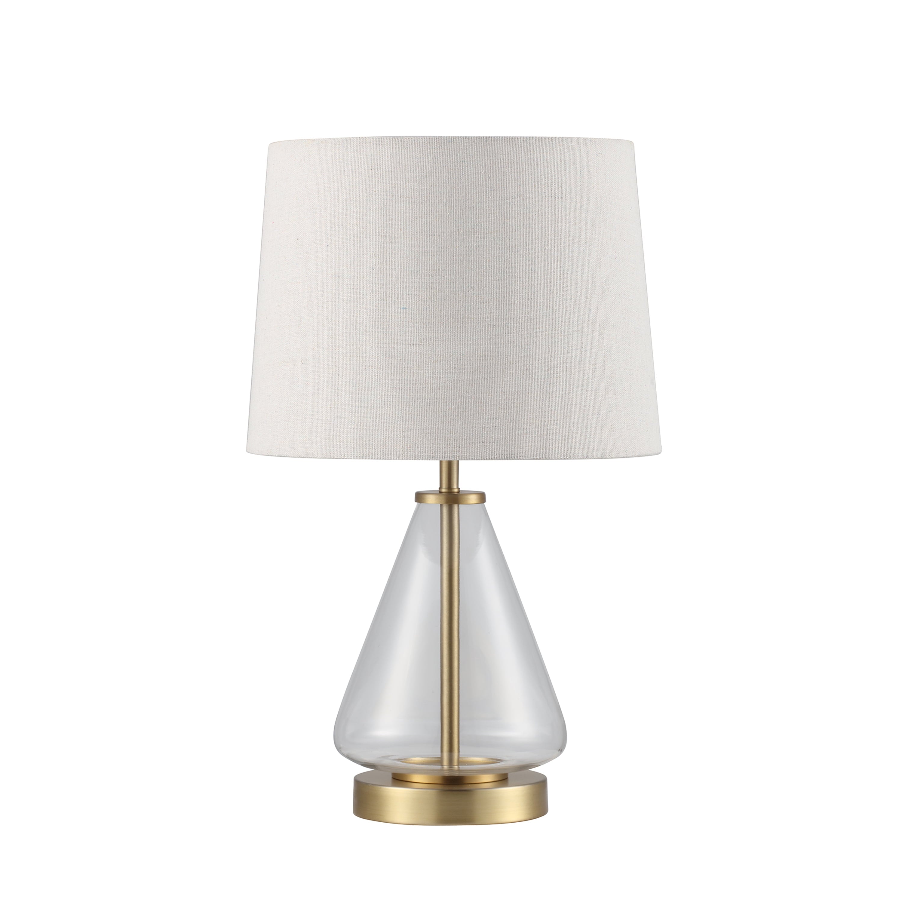  18" Clear Glass Table Lamp with Brass Metal Base and Beige Shade