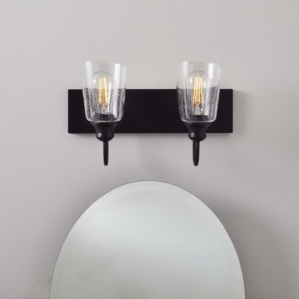  16" Farmhouse 2-Light Bronze Vanity Light, Metal Fixture Seeded Glass Shades