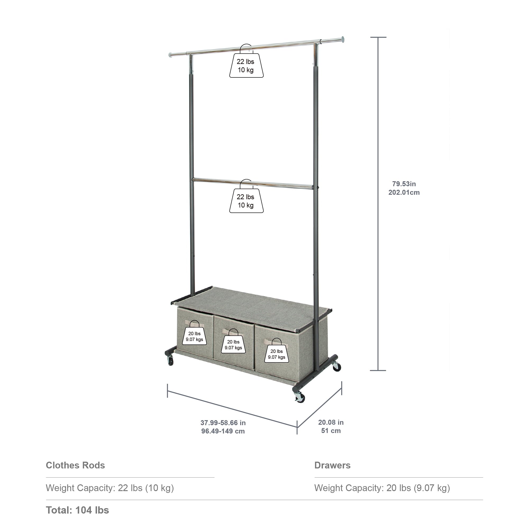  2-Tier Metal Rolling Garment Rack with 3 Drawer Closet Organizer, Gray