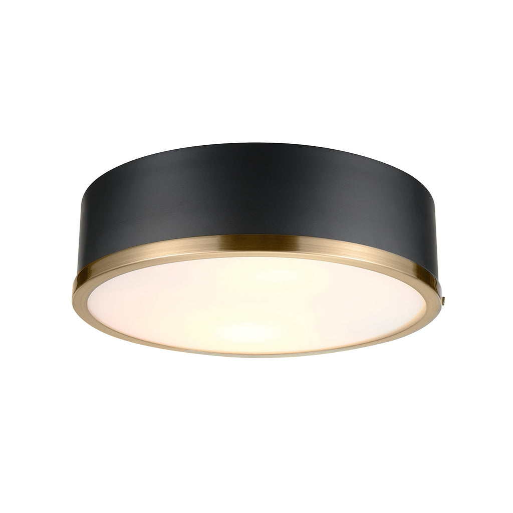  Irving Park 2-Light Flush Mount, Matte Black Finish, Burnished Brass Accents, Frosted Glass Shade, LED Bulbs Included