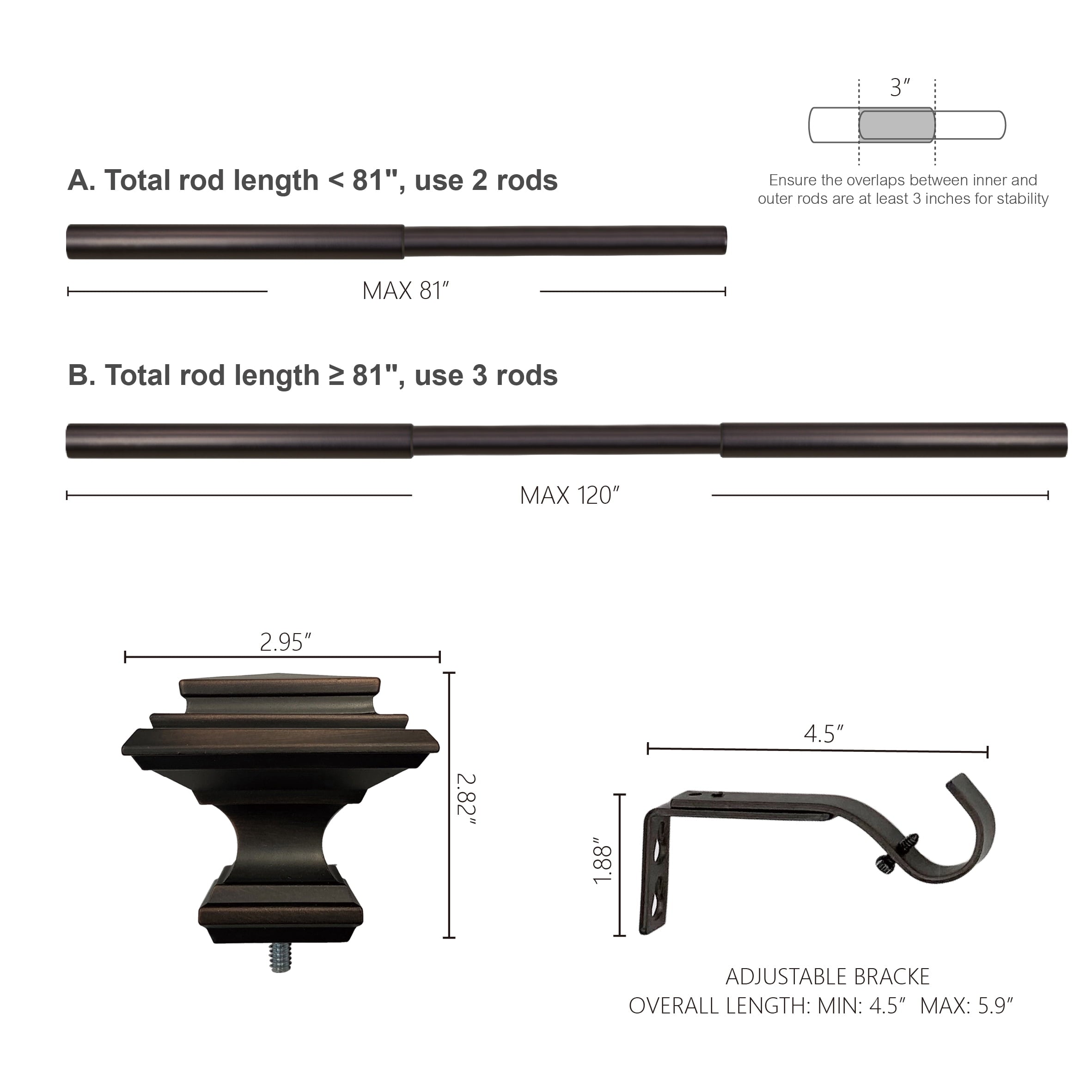  1� Metal Square Single Curtain Rod, Matte Black, 42-120�