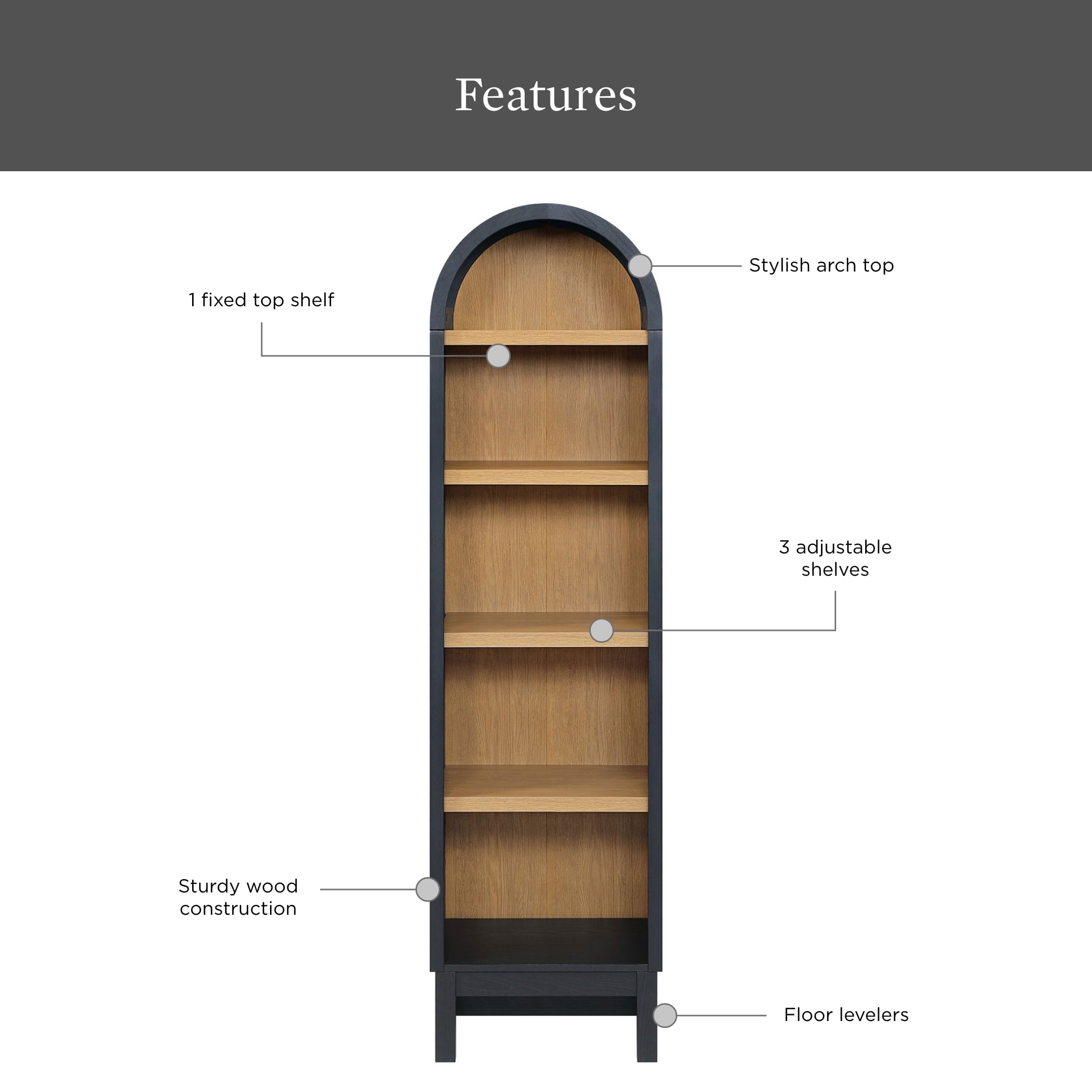  Juliet Narrow Arch Bookcase, Rich Black and Light Honey