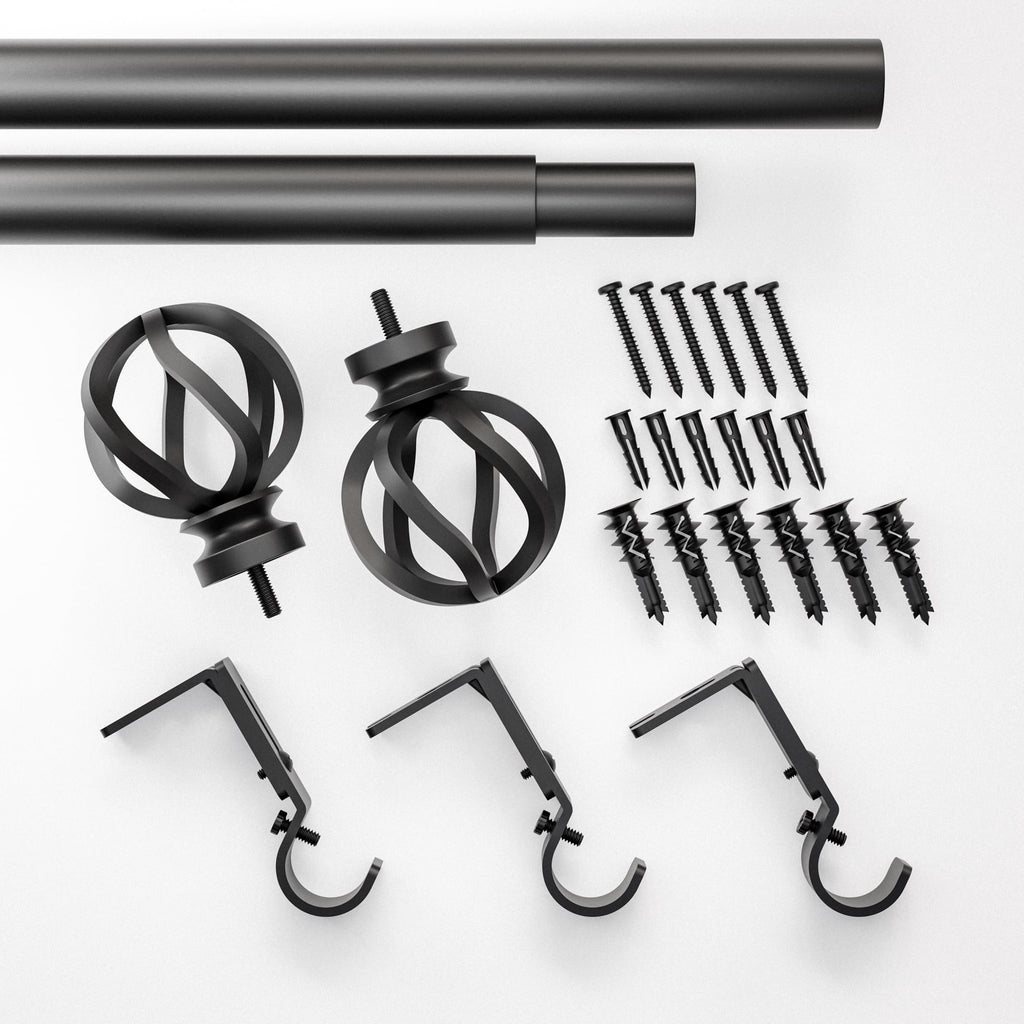  1" Matte Black Cage Adjustable Single Curtain Rod Set, 120" to 180"
