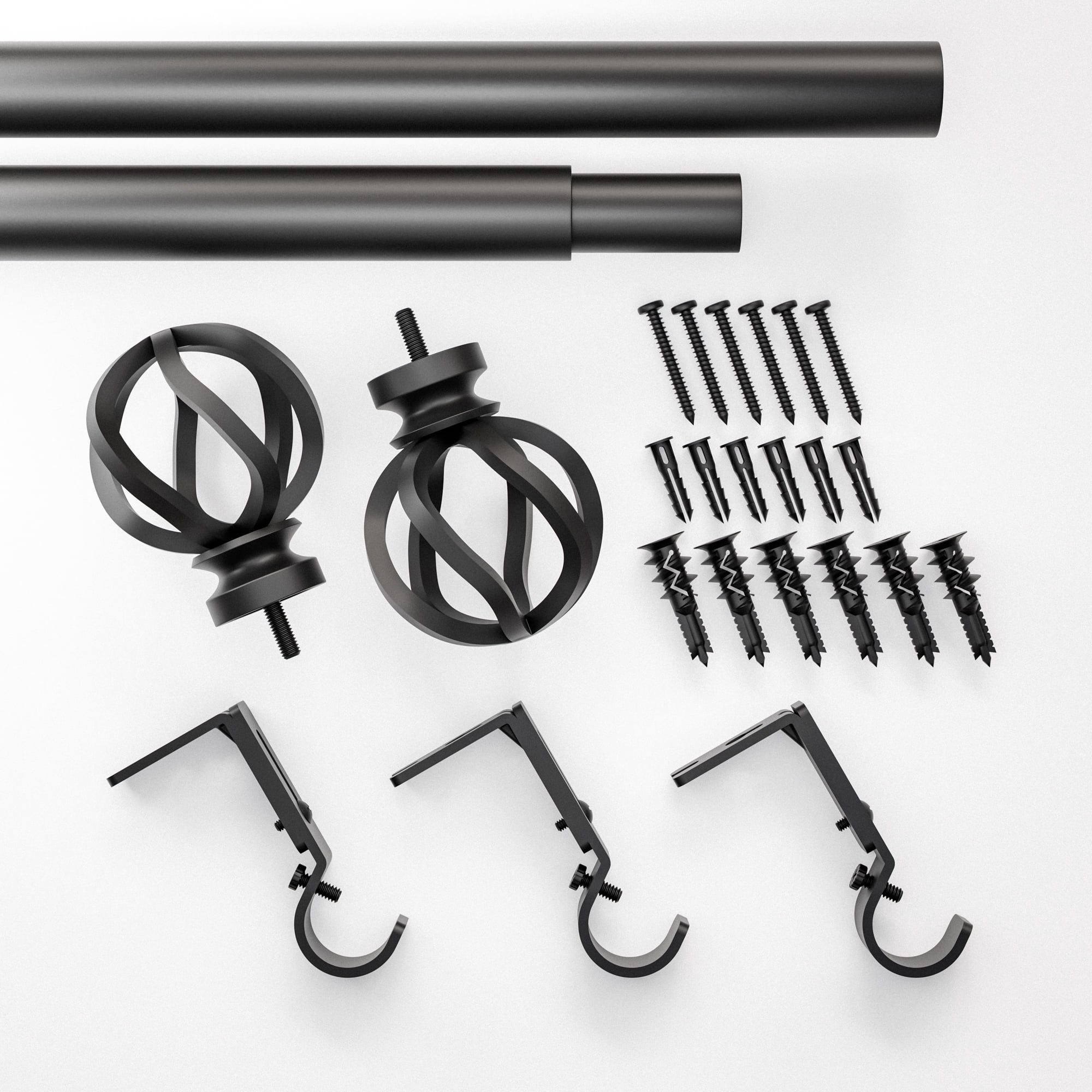  1" Matte Black Cage Adjustable Single Curtain Rod Set, 120" to 180"