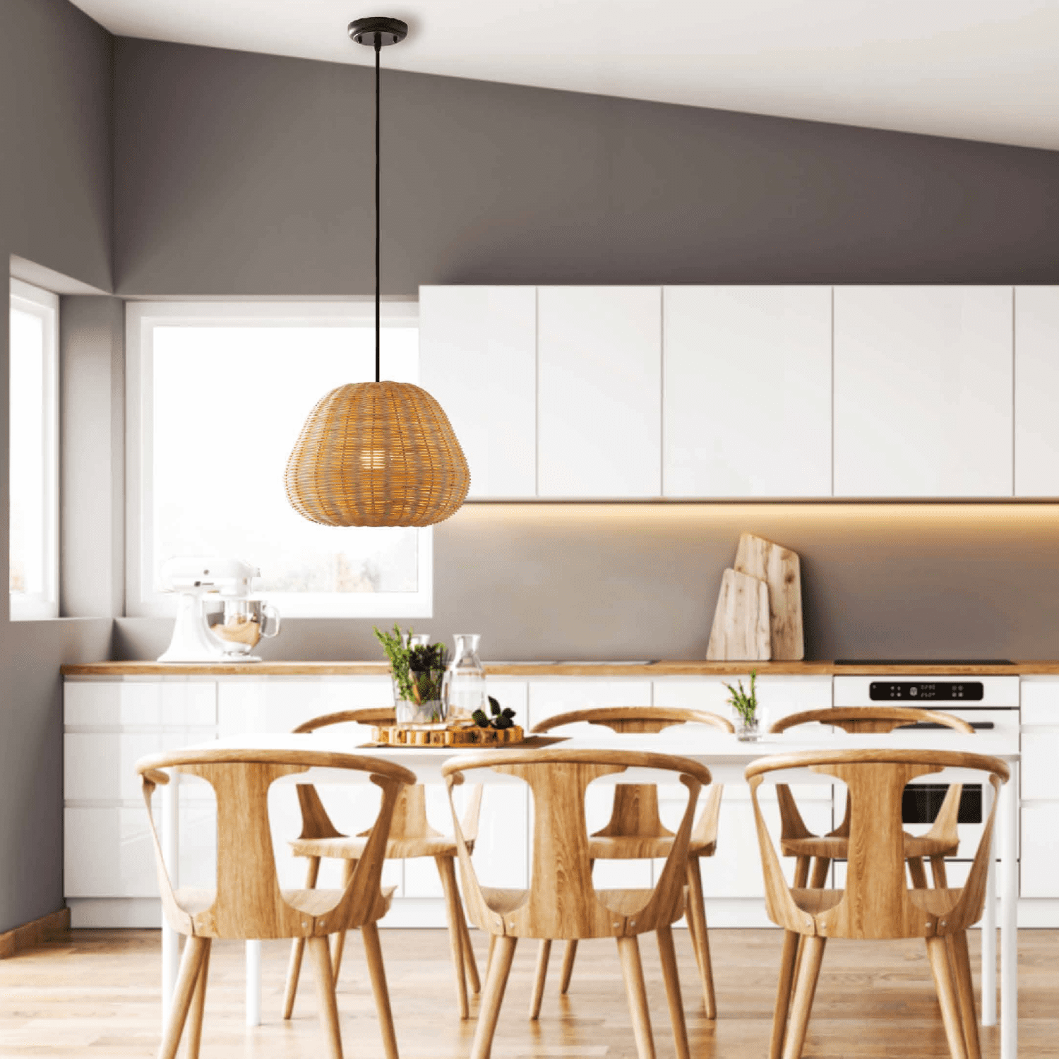  50" Natural Woven Pendant LED A19 1-Light Bulb 8W(60W Equiv), Matte Black