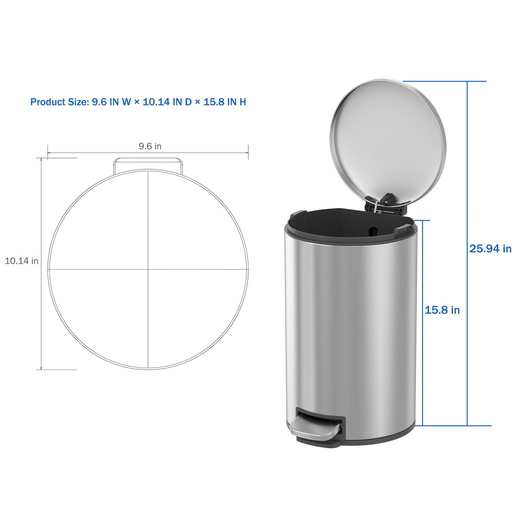  Bathroom Trash Can, 3.1 Gallon Small Stainless Steel Step Garbage Bucket Bin with Soft Close Lid, Silver