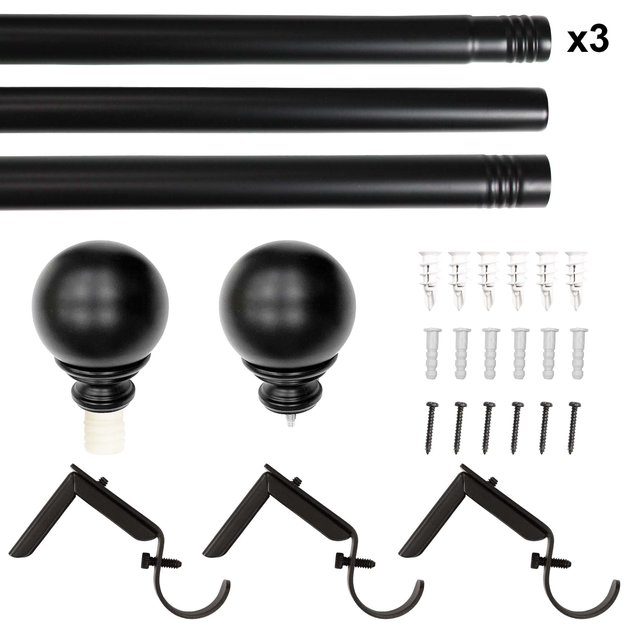  1" Matte Black Metal Ball Single Curtain Rod 32-120"