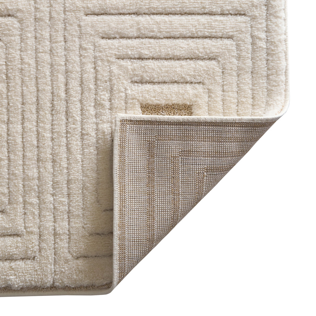  Tan/White Linear Square Geo High-Low Indoor Rug Runner, 2.5' x 7'