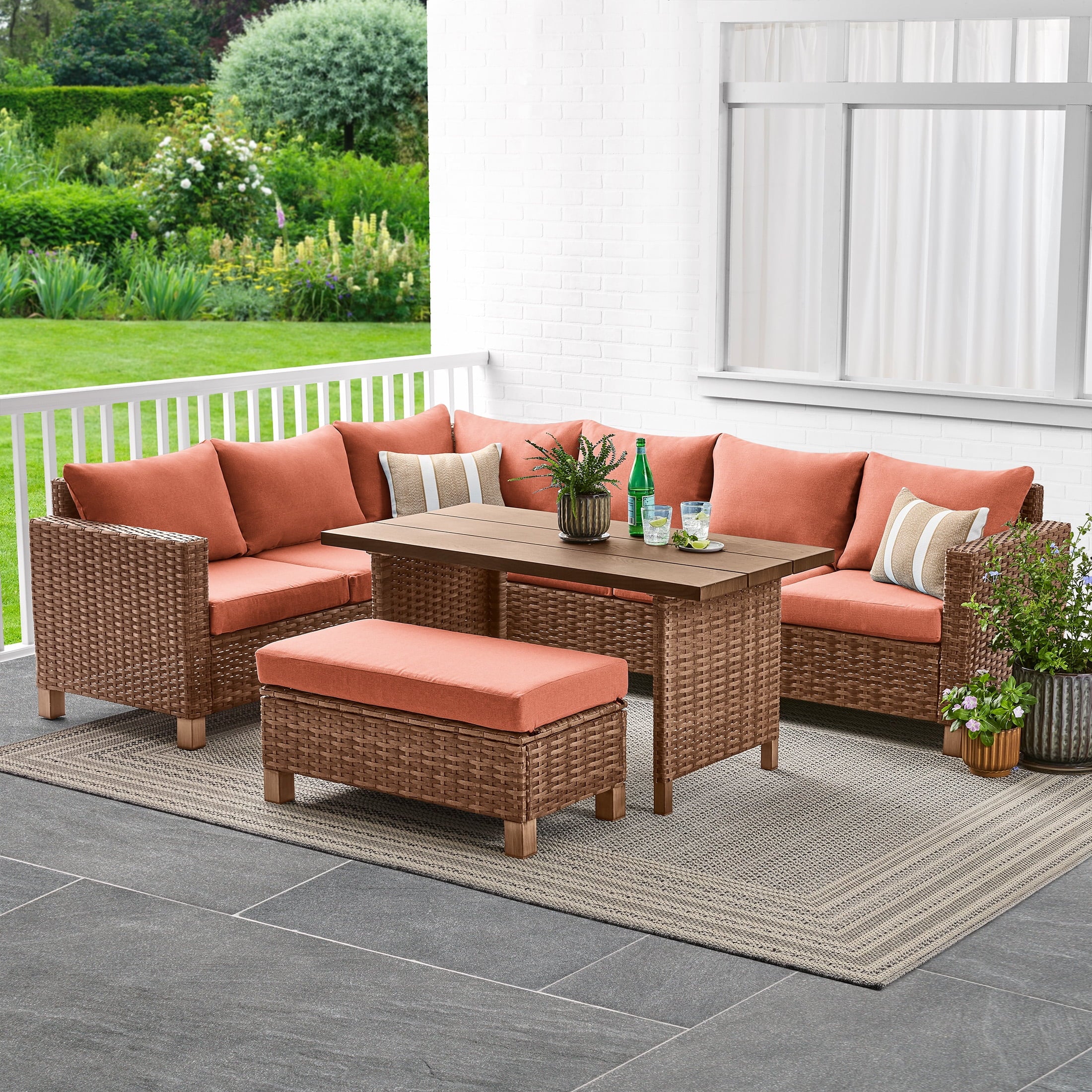  Brookbury 4-Piece Outdoor Wicker Patio Sectional Dining Set, Terracotta Cushions