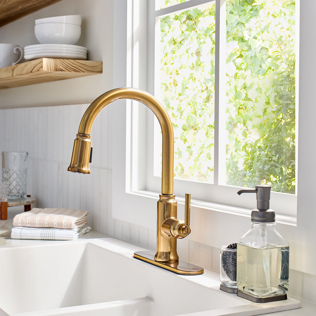  Modern Heirloom Pull Down Kitchen Faucet, Heritage Gold
