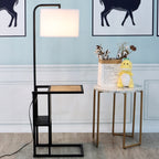  54"  Matte Black Metal Floor Lamp with Faux Wood Table and Magazine Rack