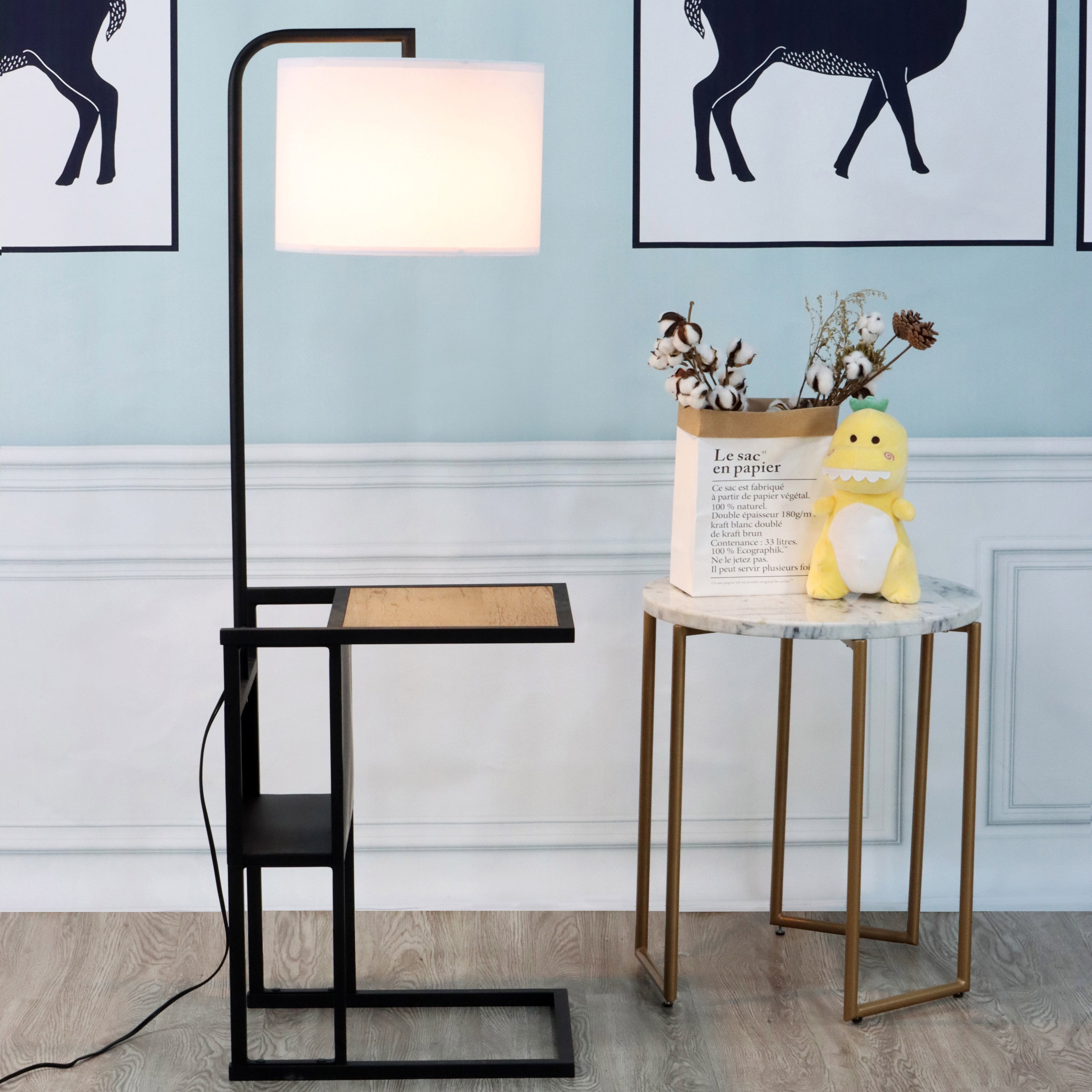  54"  Matte Black Metal Floor Lamp with Faux Wood Table and Magazine Rack