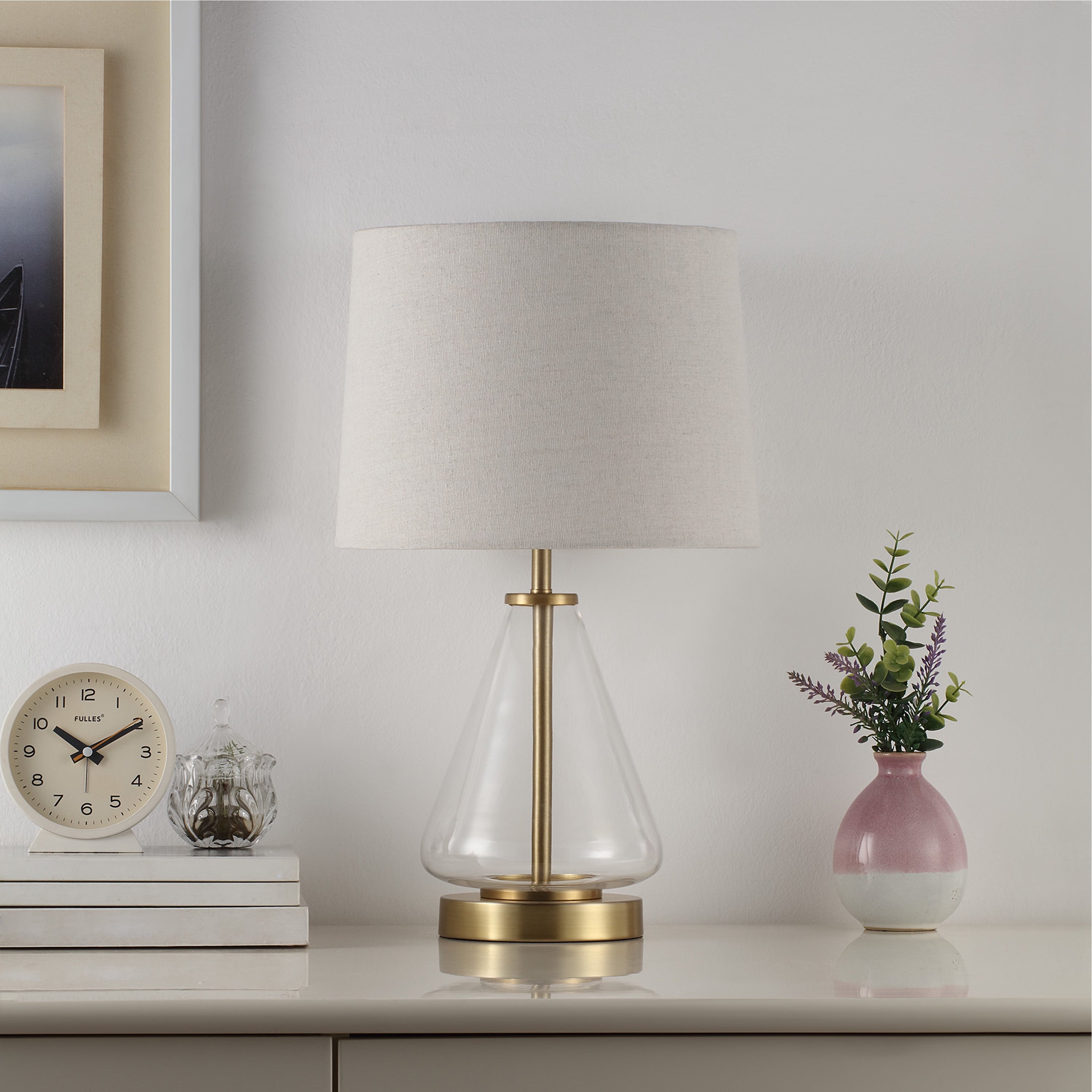  18" Clear Glass Table Lamp with Brass Metal Base and Beige Shade