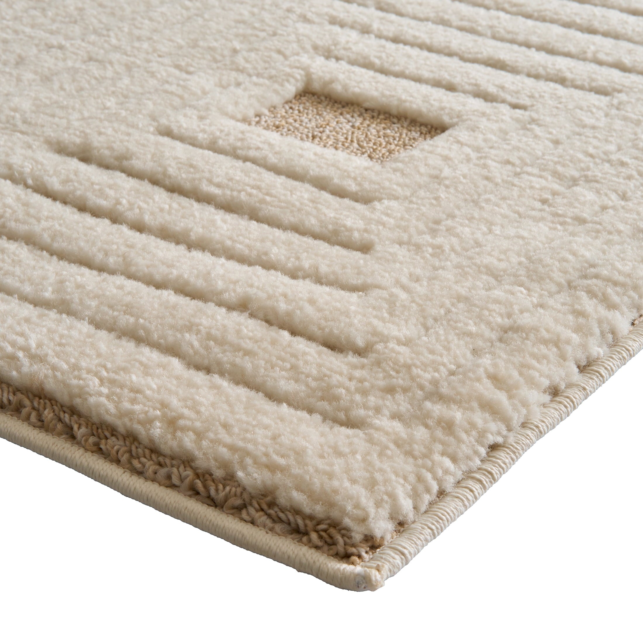  Tan/White Linear Square Geo High-Low Indoor Rug Runner, 2.5' x 7'