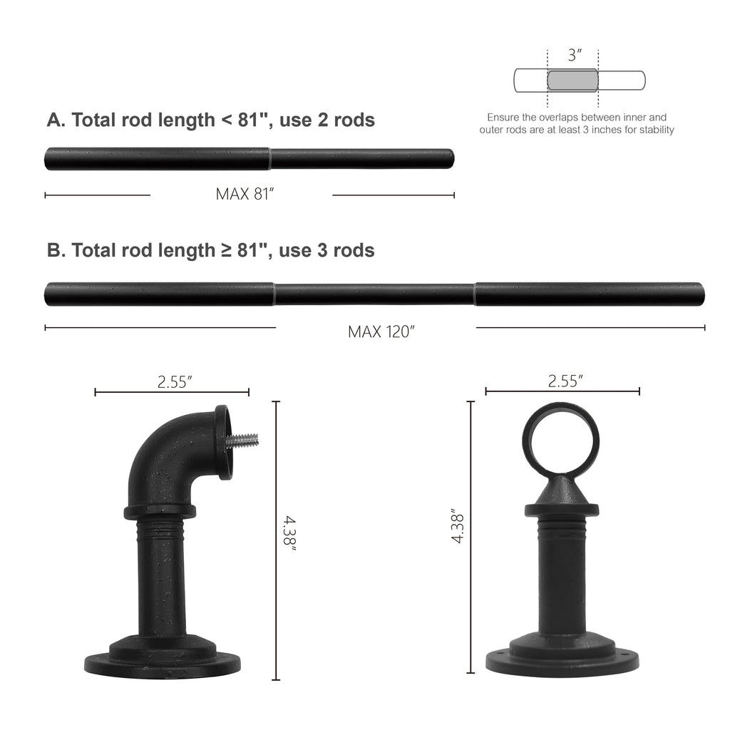  1" Industrial Pipe Single Curtain Rod 42-120" Wrought Iron