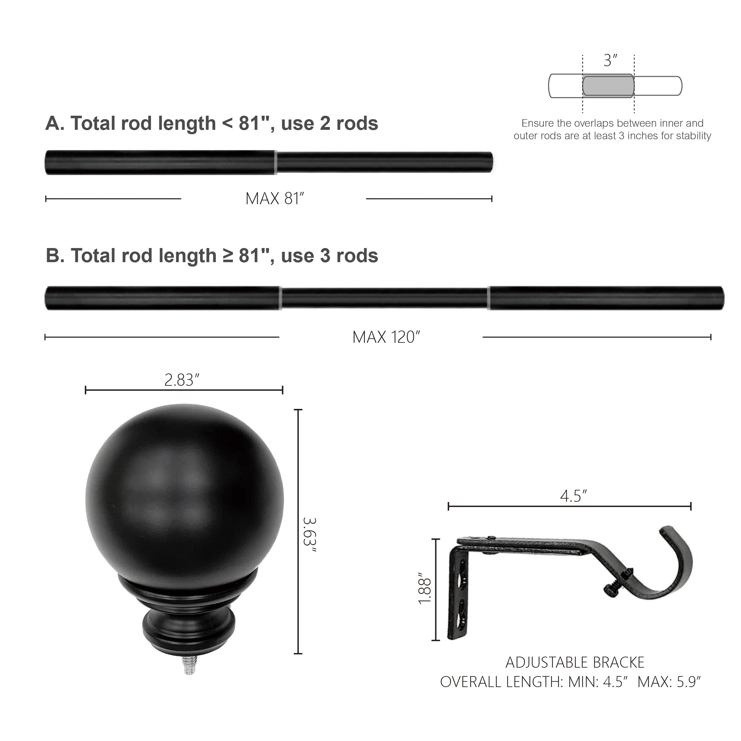 1� Brass Finish Metal Ball Adjustable Curtain Rod 42-120�