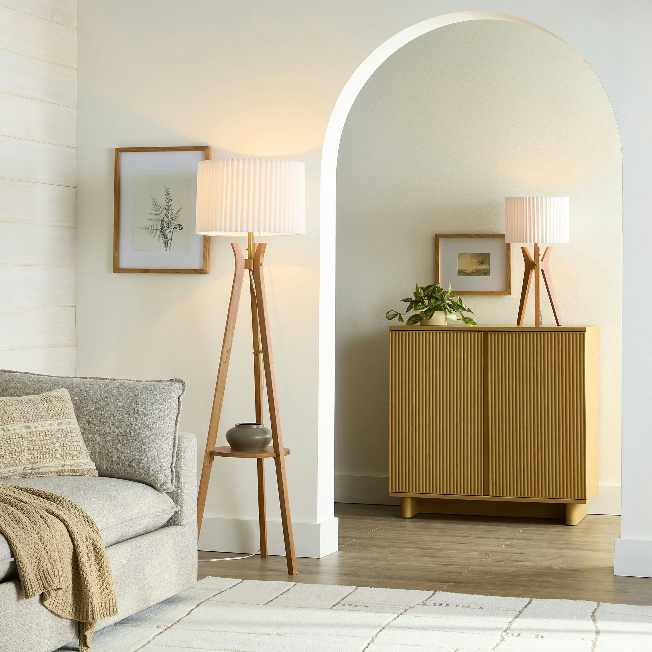  63" Natural Wood Tripod Floor Lamp with Pleated Shade