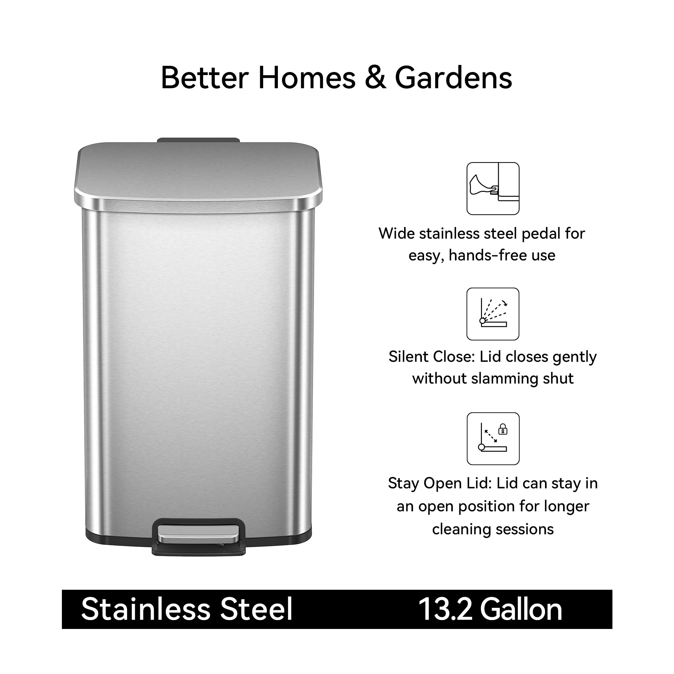  Kitchen Trash Can, 13.2 Gallon Stainless Steel Step Garbage Bin with Soft Close Lid, Silver