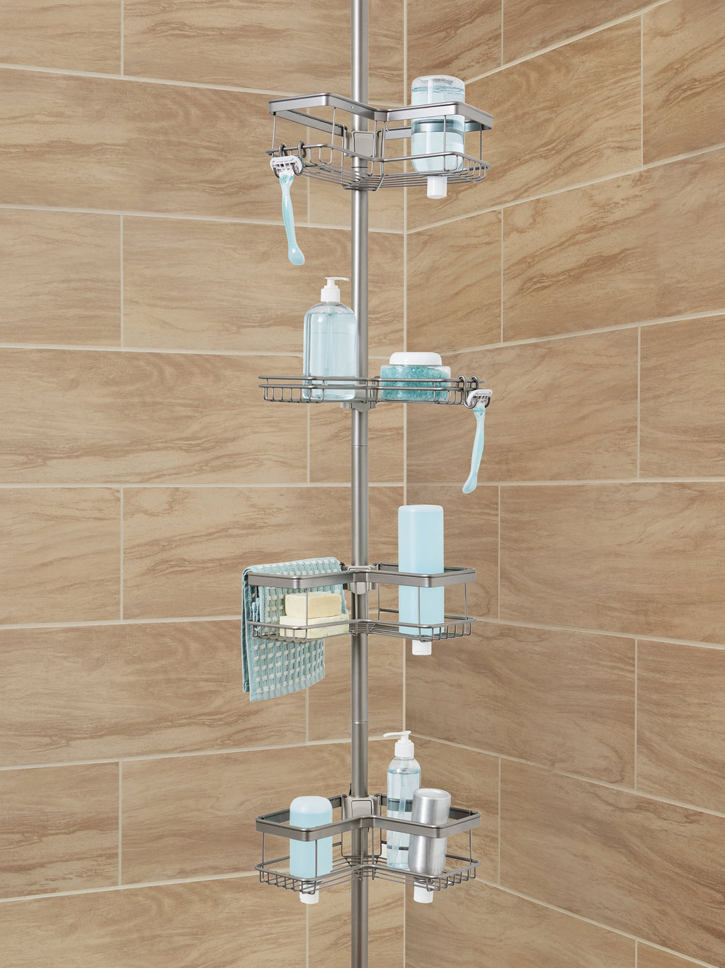  Adjustable Tension Steel Shower Pole Caddy, 4 Shelves, Satin Nickel