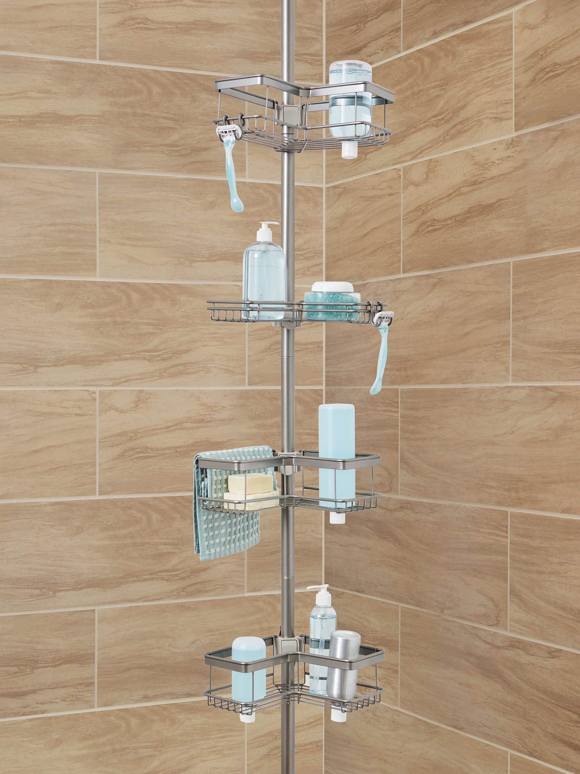  Adjustable Tension Steel Shower Pole Caddy, 4 Shelves, Satin Nickel