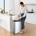  Kitchen Trash Can, 13.2 Gallon Stainless Steel Step Garbage Bin with Soft Close Lid, Silver