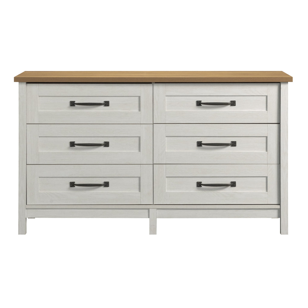  Modern Farmhouse 56.85" Wide 6 Drawer Dresser, Alabaster and Light Honey Finish