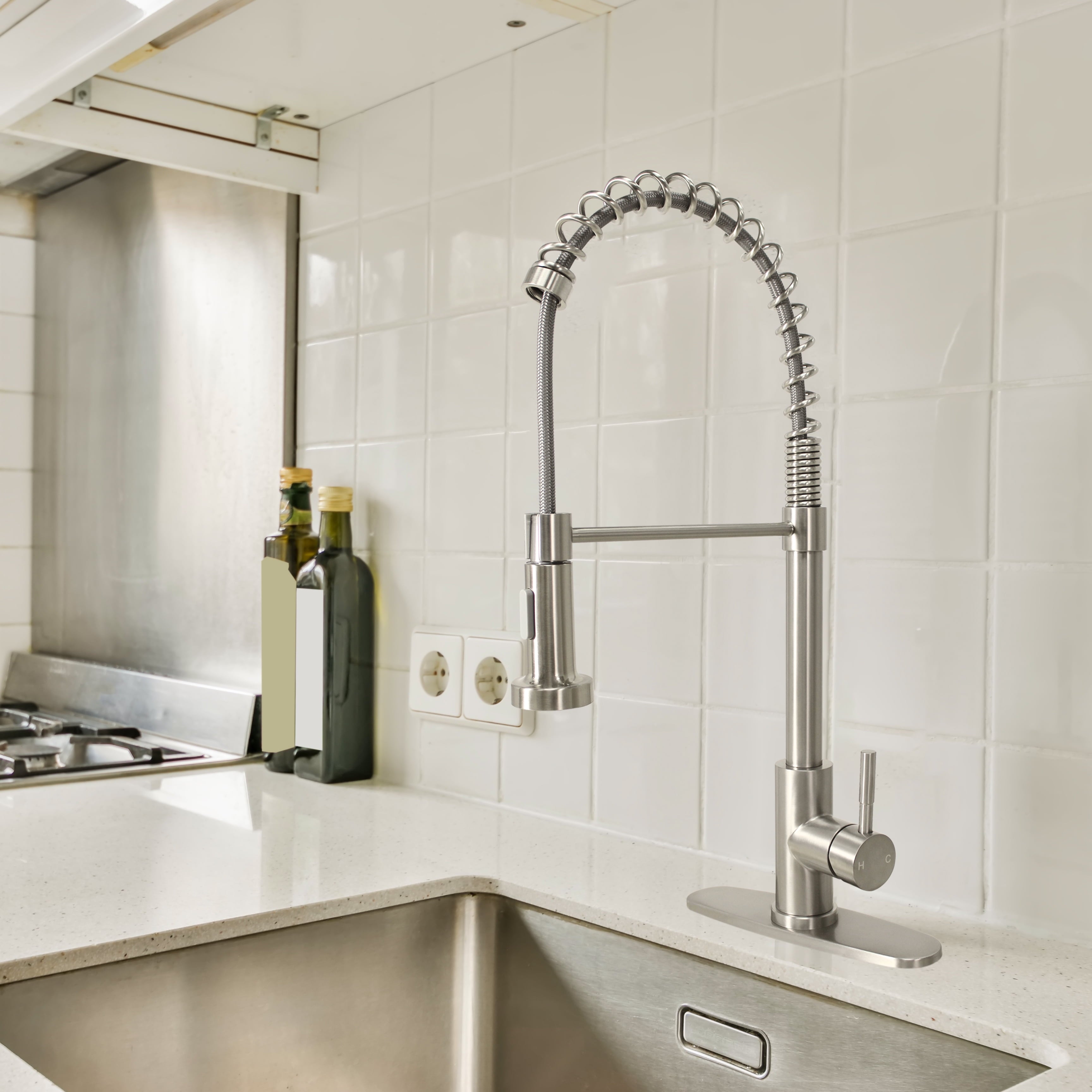  Elmont Single Handle Pull-Down Kitchen Faucet with Spring Neck, Satin Nickel