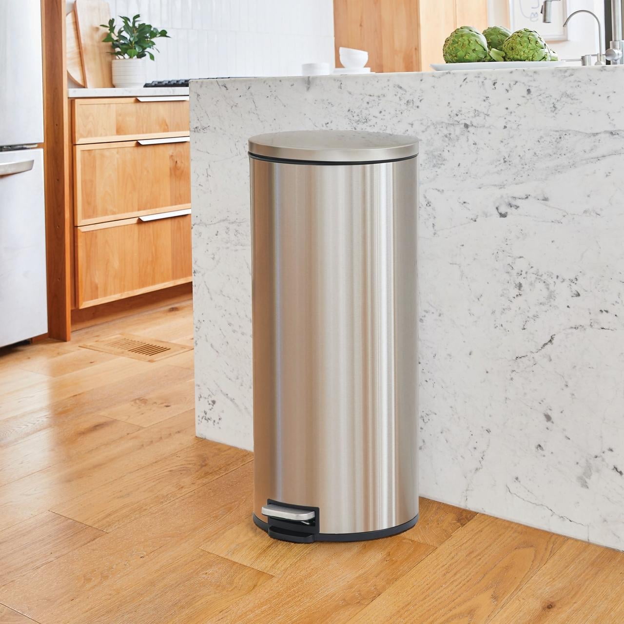  Kitchen Trash Can, 7.9 Gallon Stainless Steel Round Step Garbage Bin with Soft Close Lid, Silver