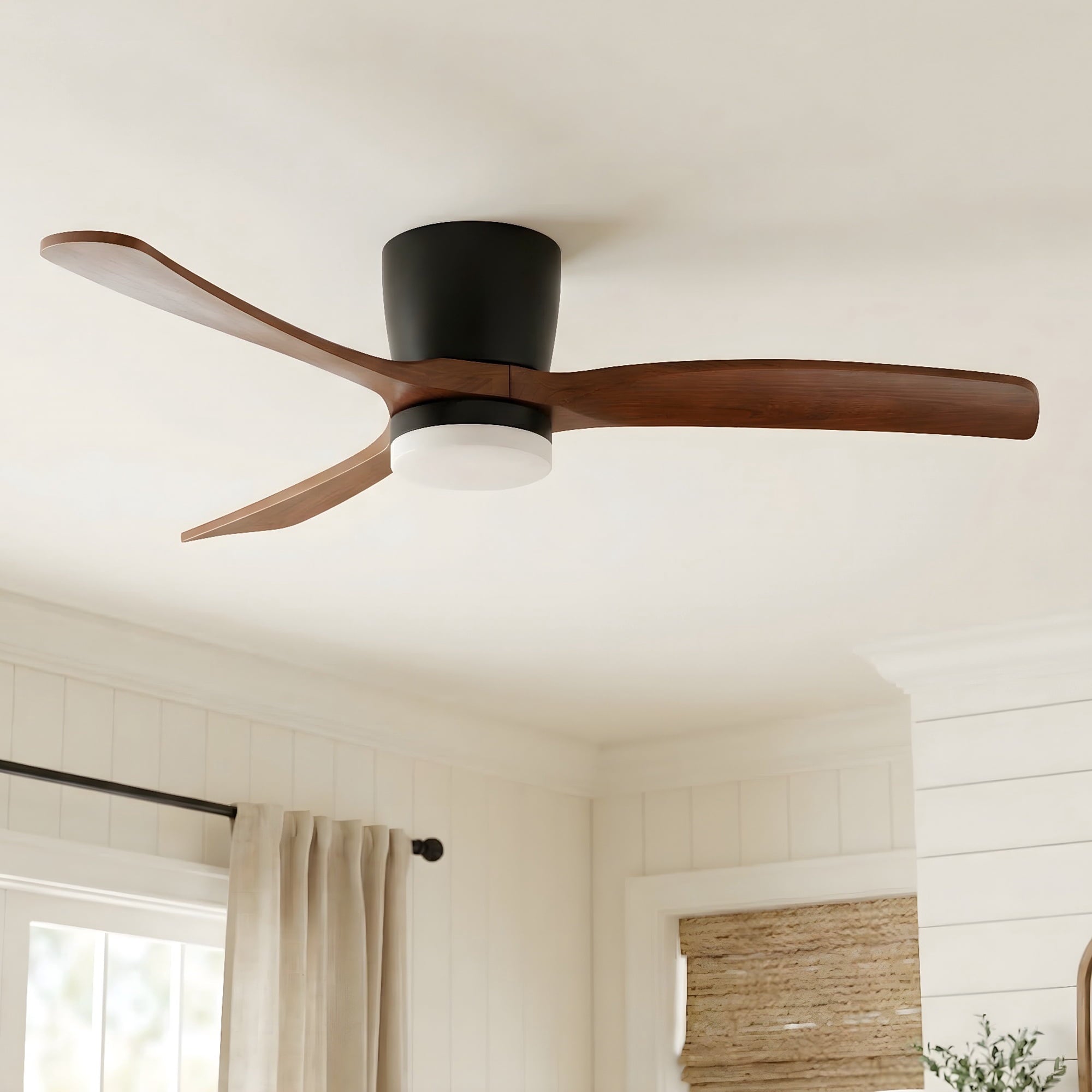  52" Hayden Matte Black Indoor/Outdoor Hugger Ceiling Fan with Light Kit and Remote Control