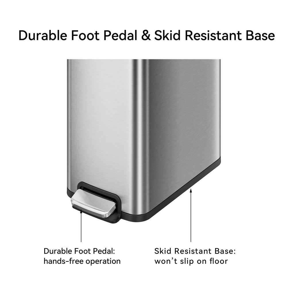  Kitchen Trash Can, 13.2 Gallon Stainless Steel Slim Step Garbage Bin with Soft Close Lid, Silver