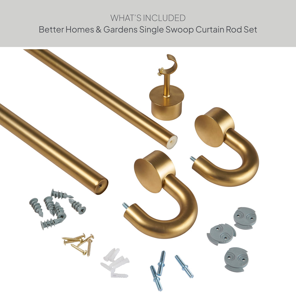  1" Brass Swooping Adjustable Single Curtain Rod, 32-120"