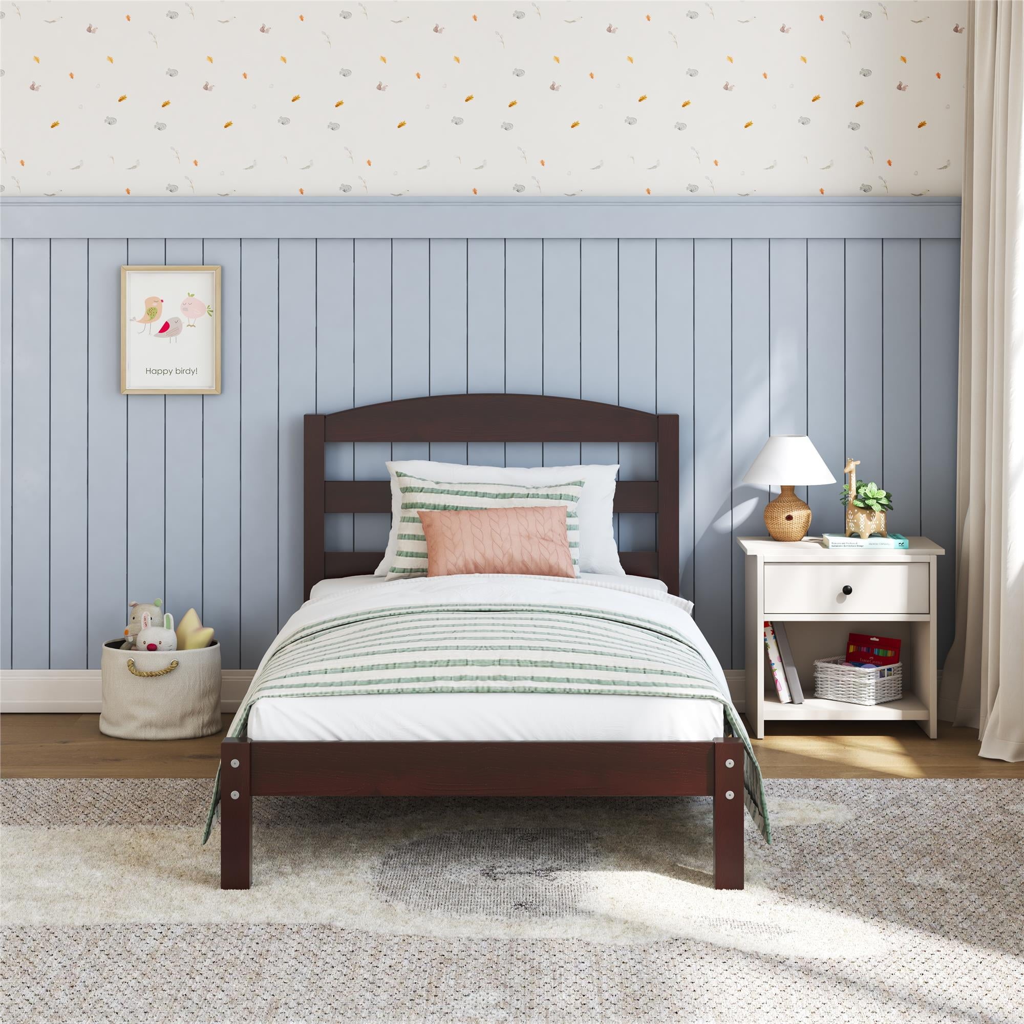  Leighton Kids Twin Size Bed, Wood Platform Bed Frame, Espresso