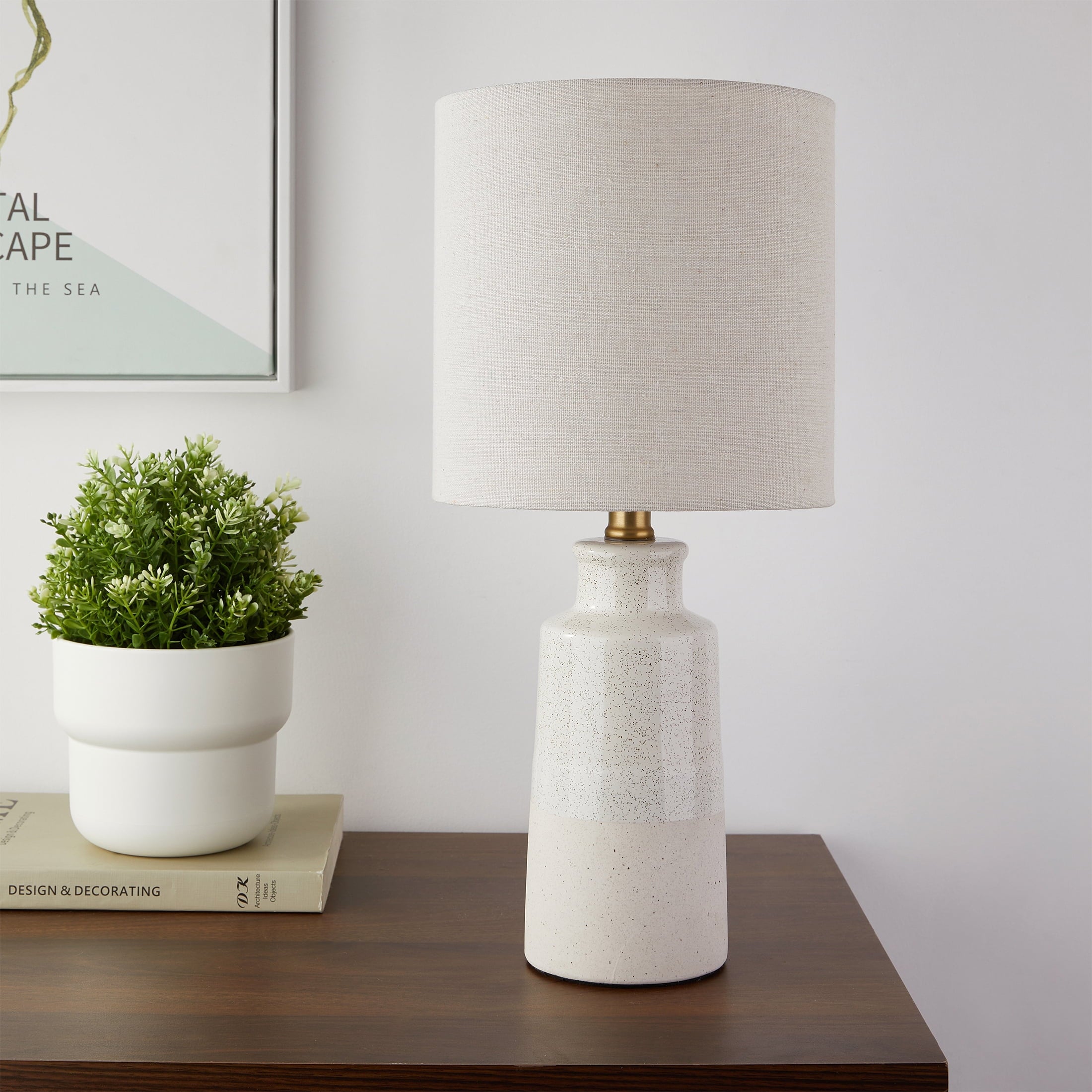  17" Reactive Glaze Ceramic Table Lamp with Off-White Shade