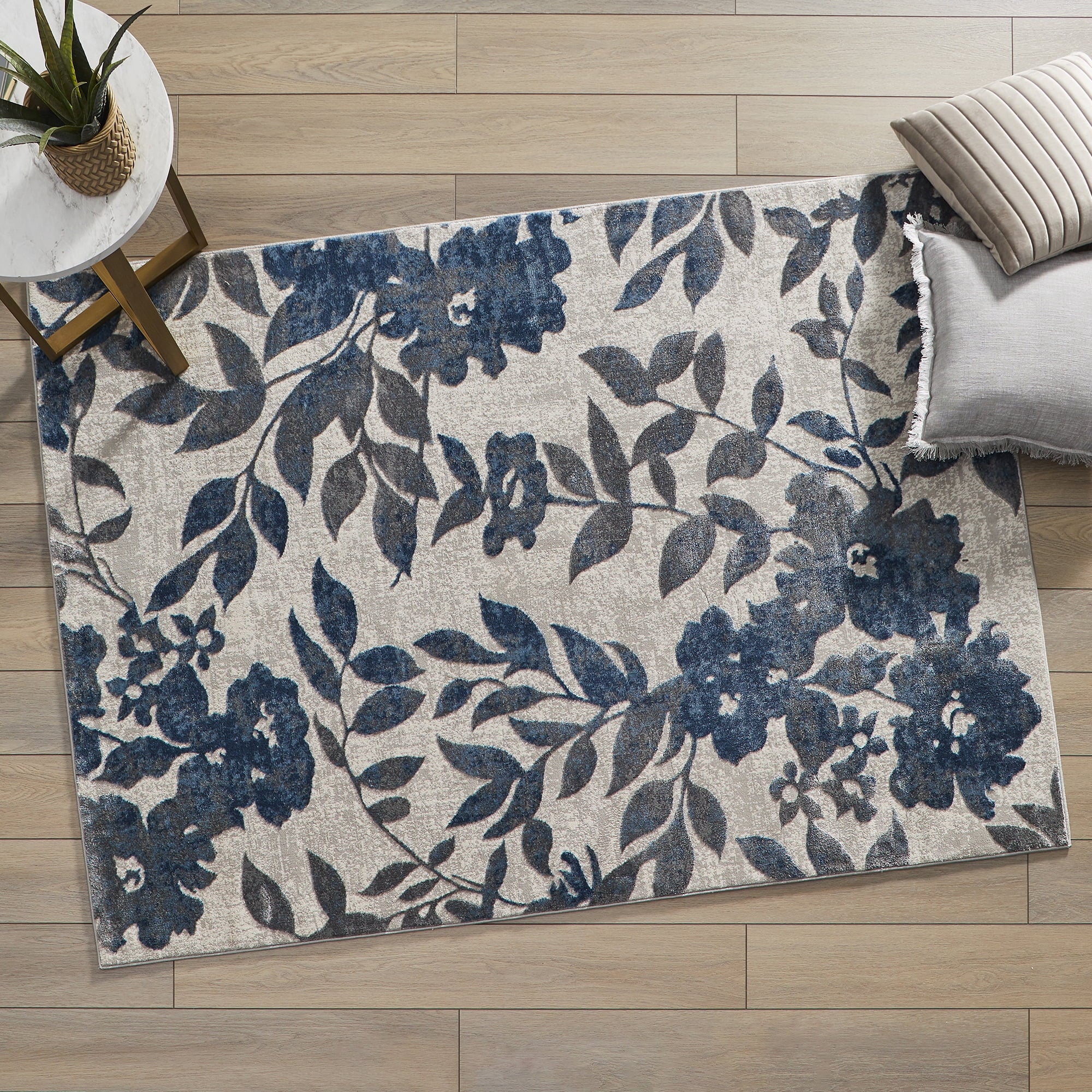  Blue & Gray Botanical Blooms, Indoor Area Rug, 5' x 7'