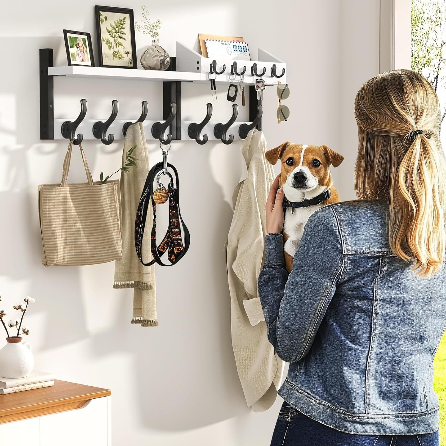Burfoko 4-in-1 Wall Mounted Coat Rack with Shelf - 29" Entryway Organizer with 11 Hooks, Mail Holder & Key Hanger, Space-Saving for Hallway/Bedroom, White