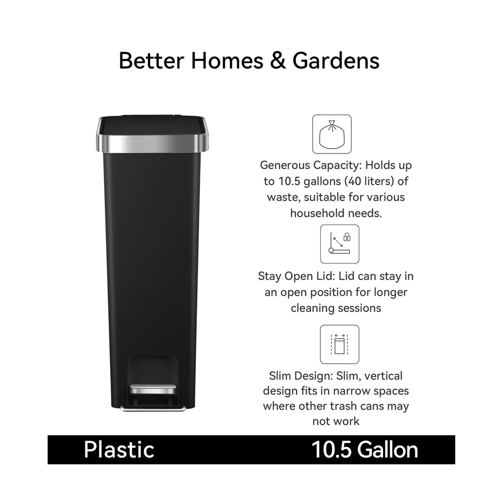  Slim Kitchen Trash Can, 10.5 Gallon Plastic Step Garbage Bin with Soft Close Lid, Black