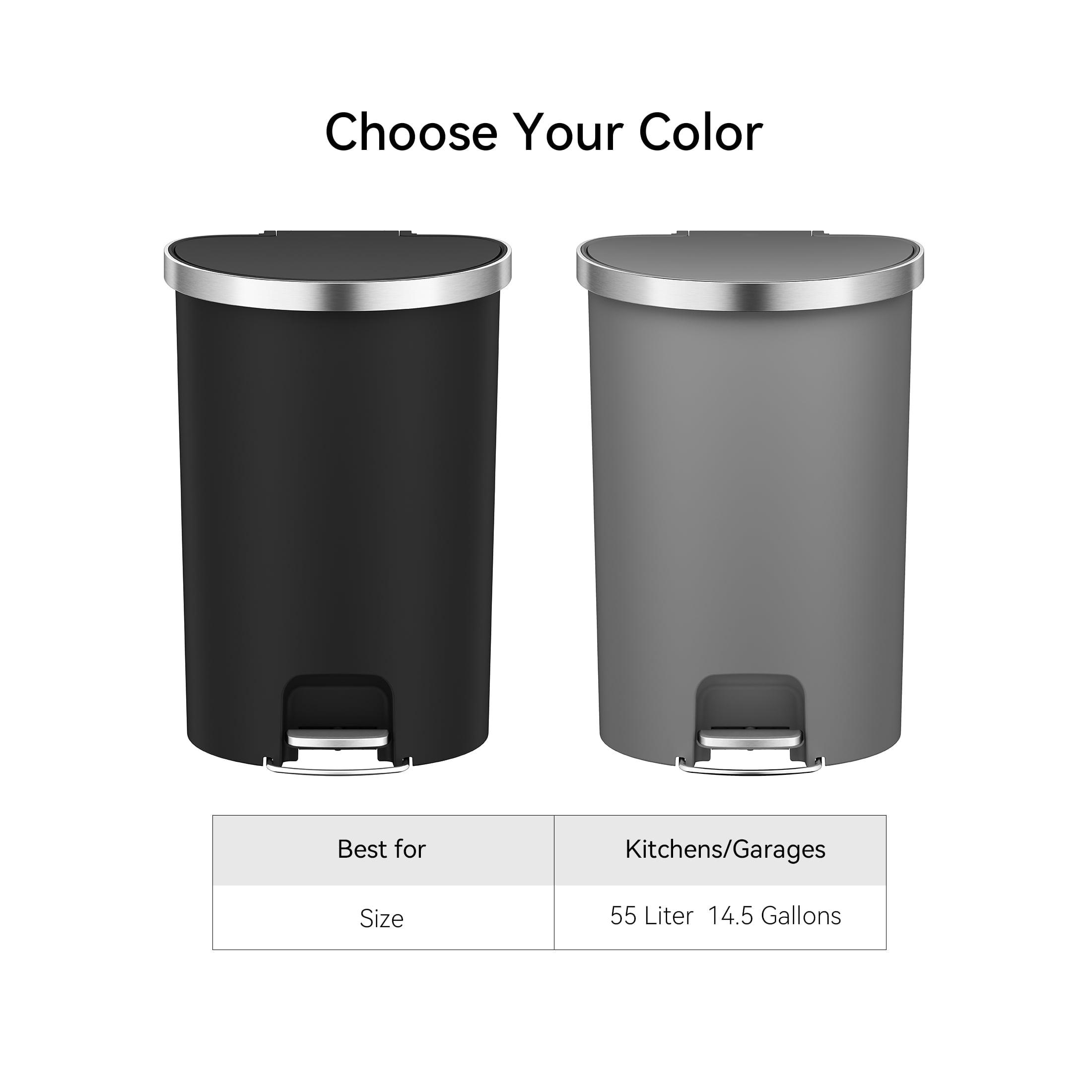  Large Kitchen Trash Can, 14.5 Gallon Plastic Semi Round Step Garbage Bin with Soft Close Lid, Black