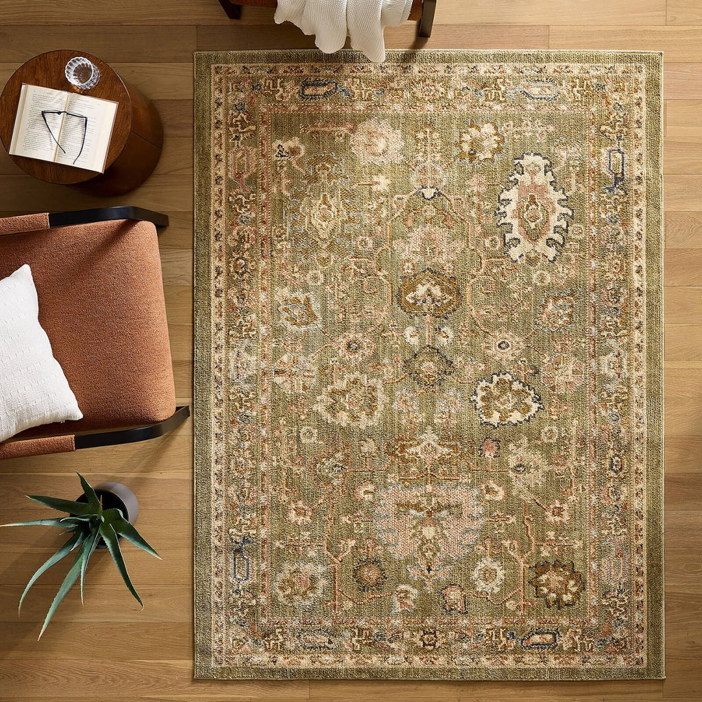  and Garden Modern Oushak Low Pile Stain and Fade Resistant Indoor Green Area Rug, 7'10" x 10'