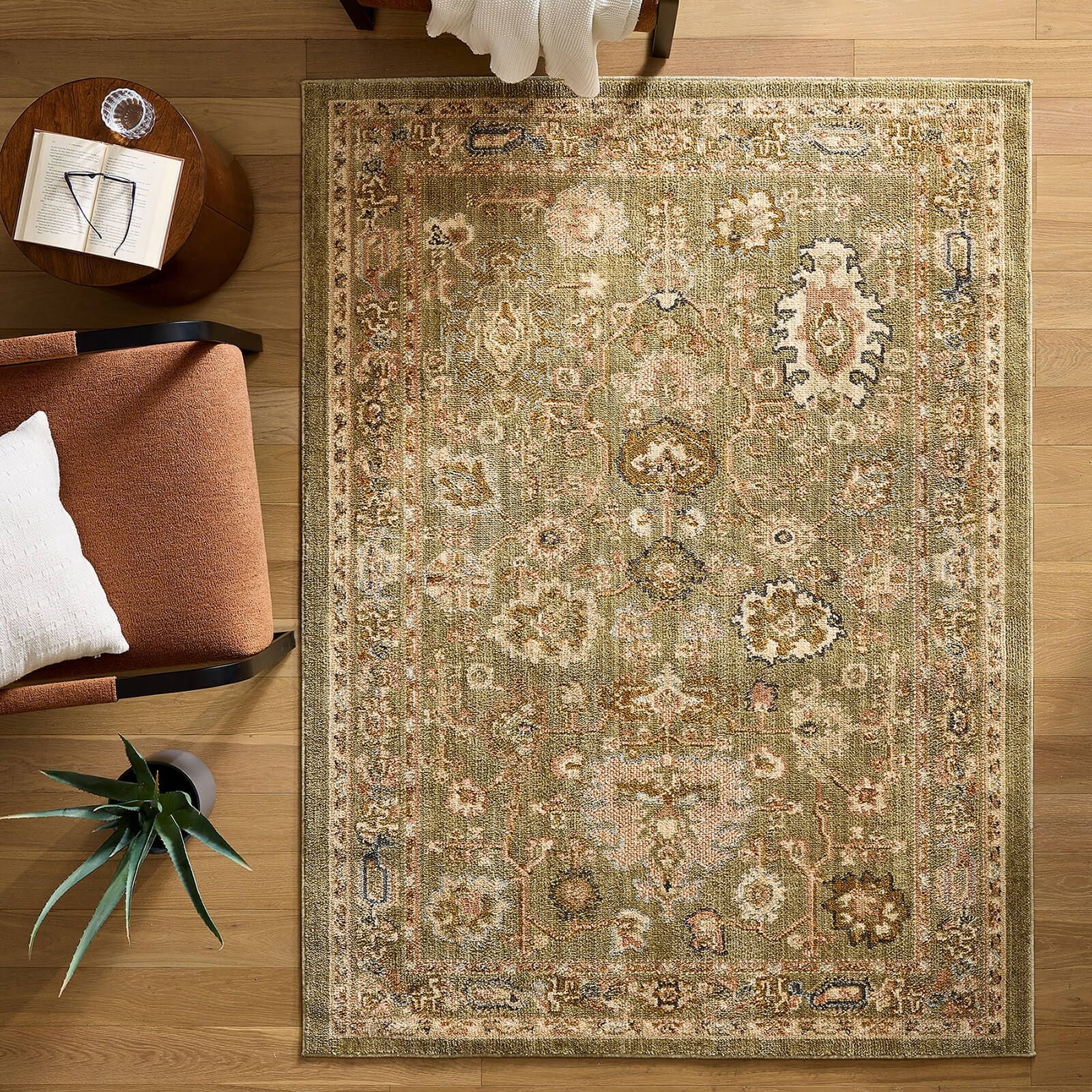  and Garden Modern Oushak Low Pile Stain and Fade Resistant Indoor Green Area Rug, 7'10" x 10'