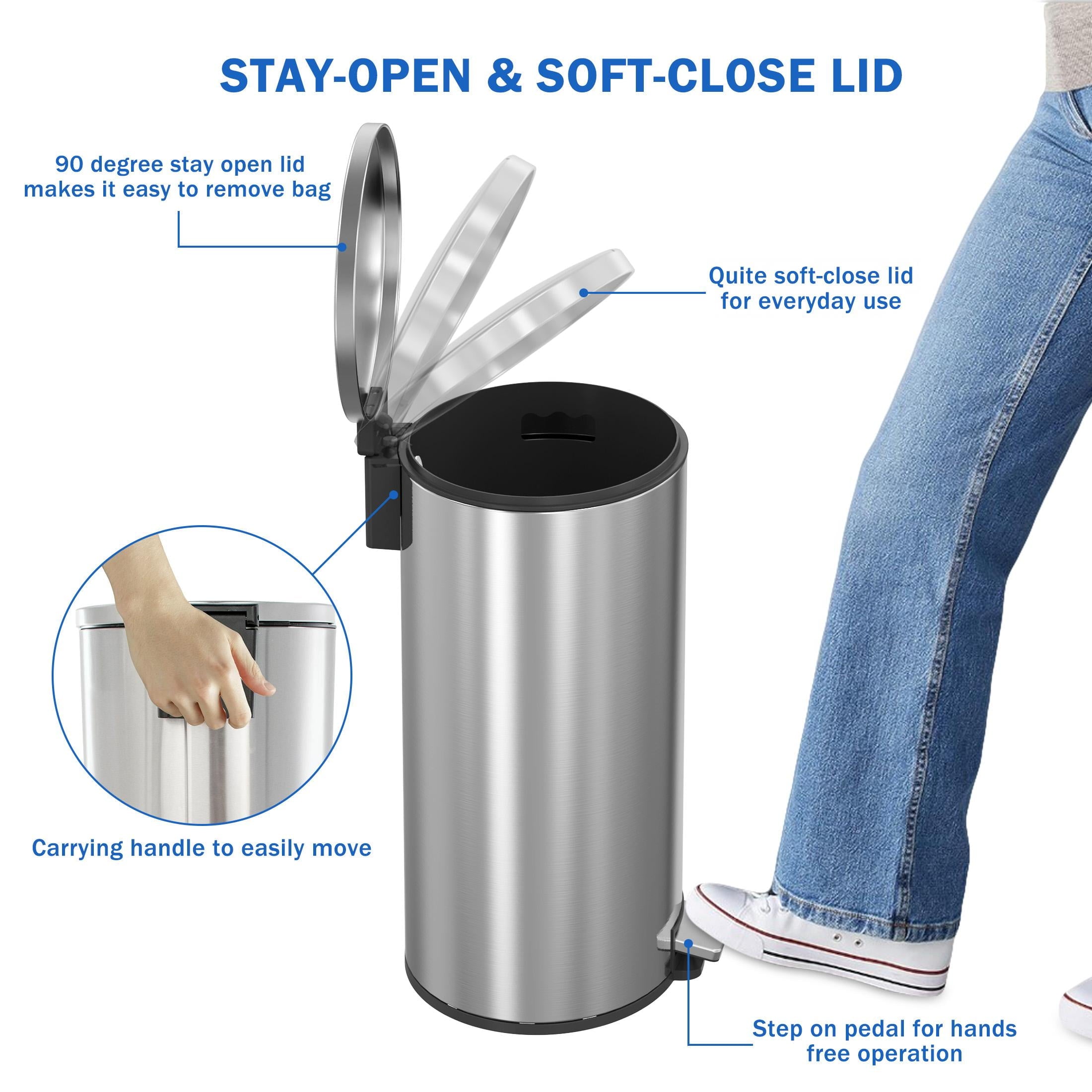  Kitchen Trash Can, 10.5 Gallon Stainless Steel Oval Step Garbage Bin with Soft Close Lid, Silver