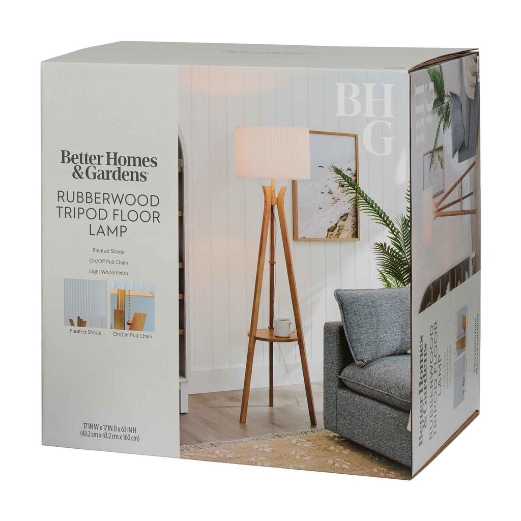  63" Natural Wood Tripod Floor Lamp with Pleated Shade