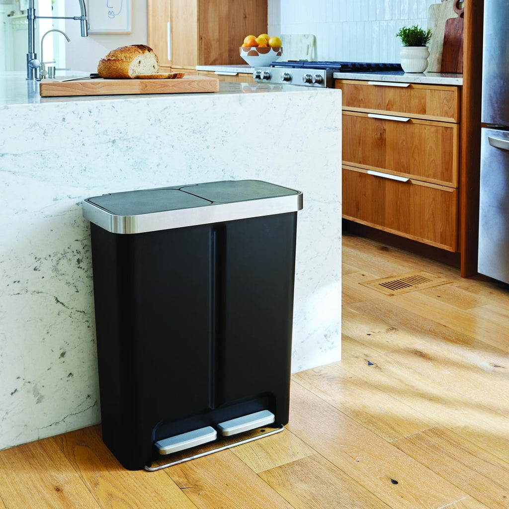  Kitchen Recycle Trash Can, 16 Gallon Plastic Dual Compartment Step Garbage Bin, Black