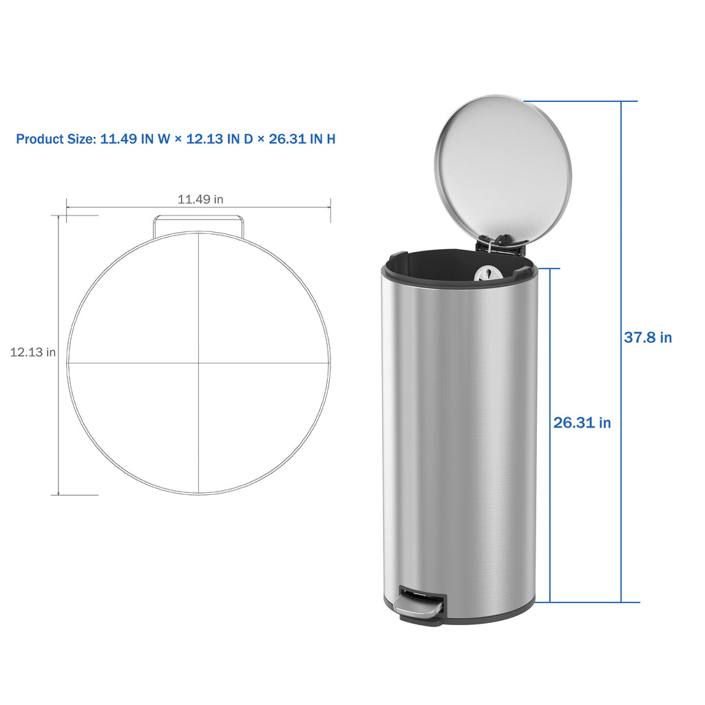  Kitchen Trash Can, 7.9 Gallon Stainless Steel Round Step Garbage Bin with Soft Close Lid, Silver