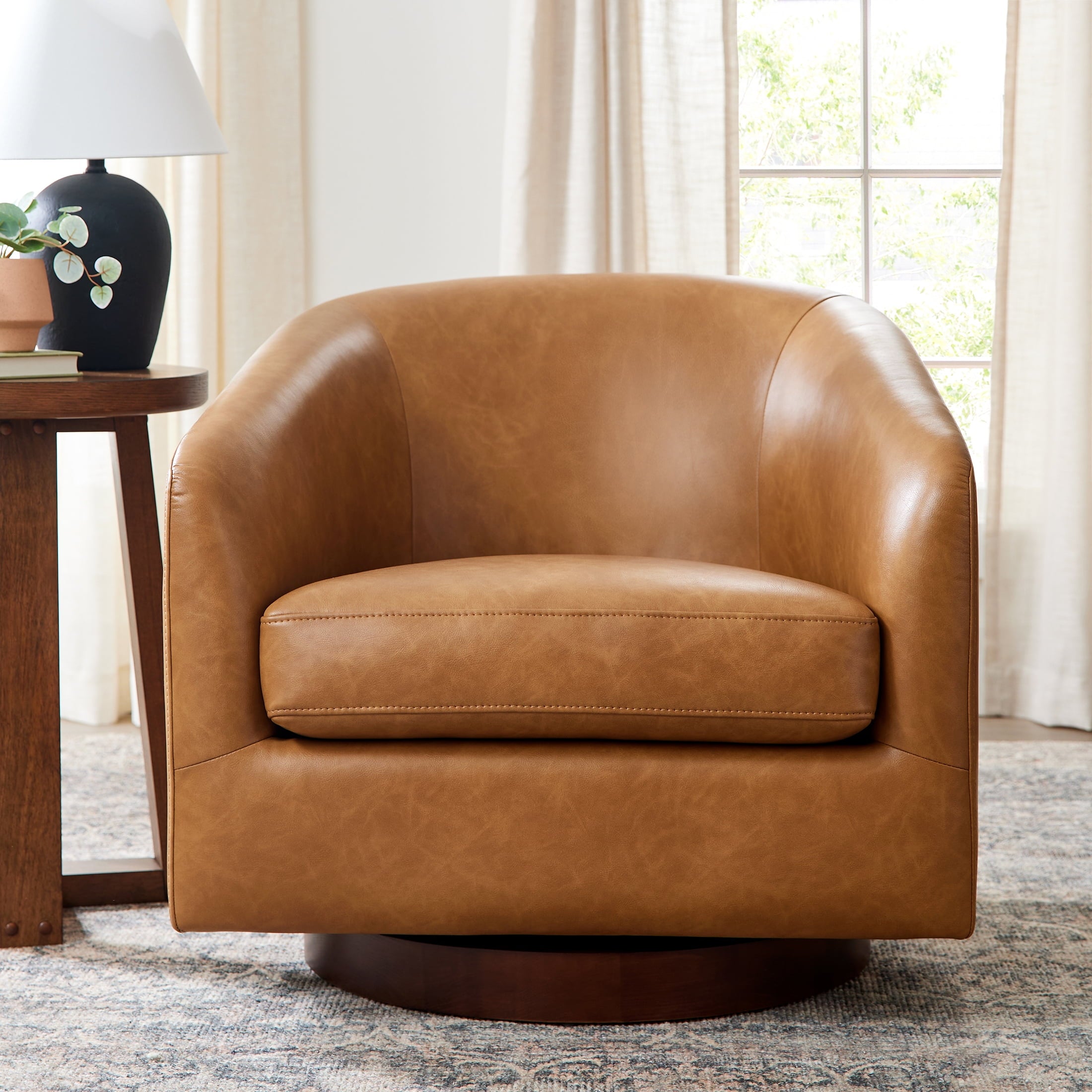  Bradford Wooden Base Swivel Accent Chair, Chestnut Faux Leather