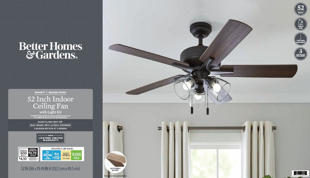 52" Bronze Transitional Ceiling Fan, 5 Reversible Blades, 3 LED Bulbs Included