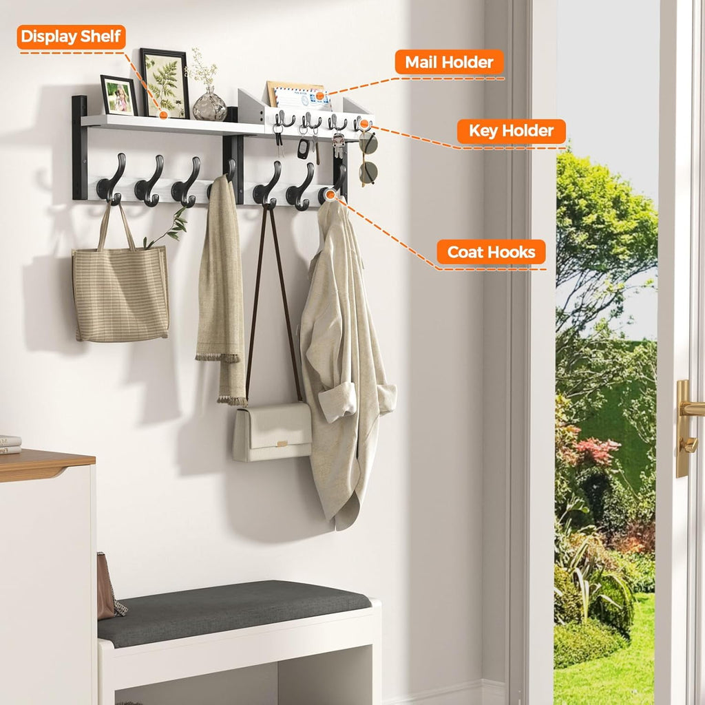 Burfoko 4-in-1 Wall Mounted Coat Rack with Shelf - 29" Entryway Organizer with 11 Hooks, Mail Holder & Key Hanger, Space-Saving for Hallway/Bedroom, White