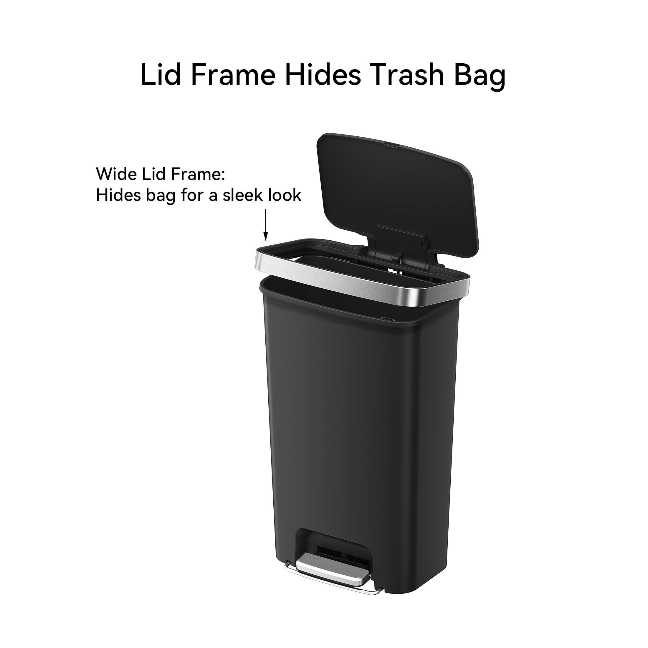  Kitchen Trash Can, 11.9 Gallon Plastic Step Garbage Bin with Soft Close Lid, Black