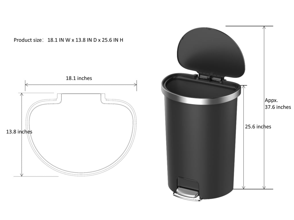  Large Kitchen Trash Can, 14.5 Gallon Plastic Semi Round Step Garbage Bin with Soft Close Lid, Black