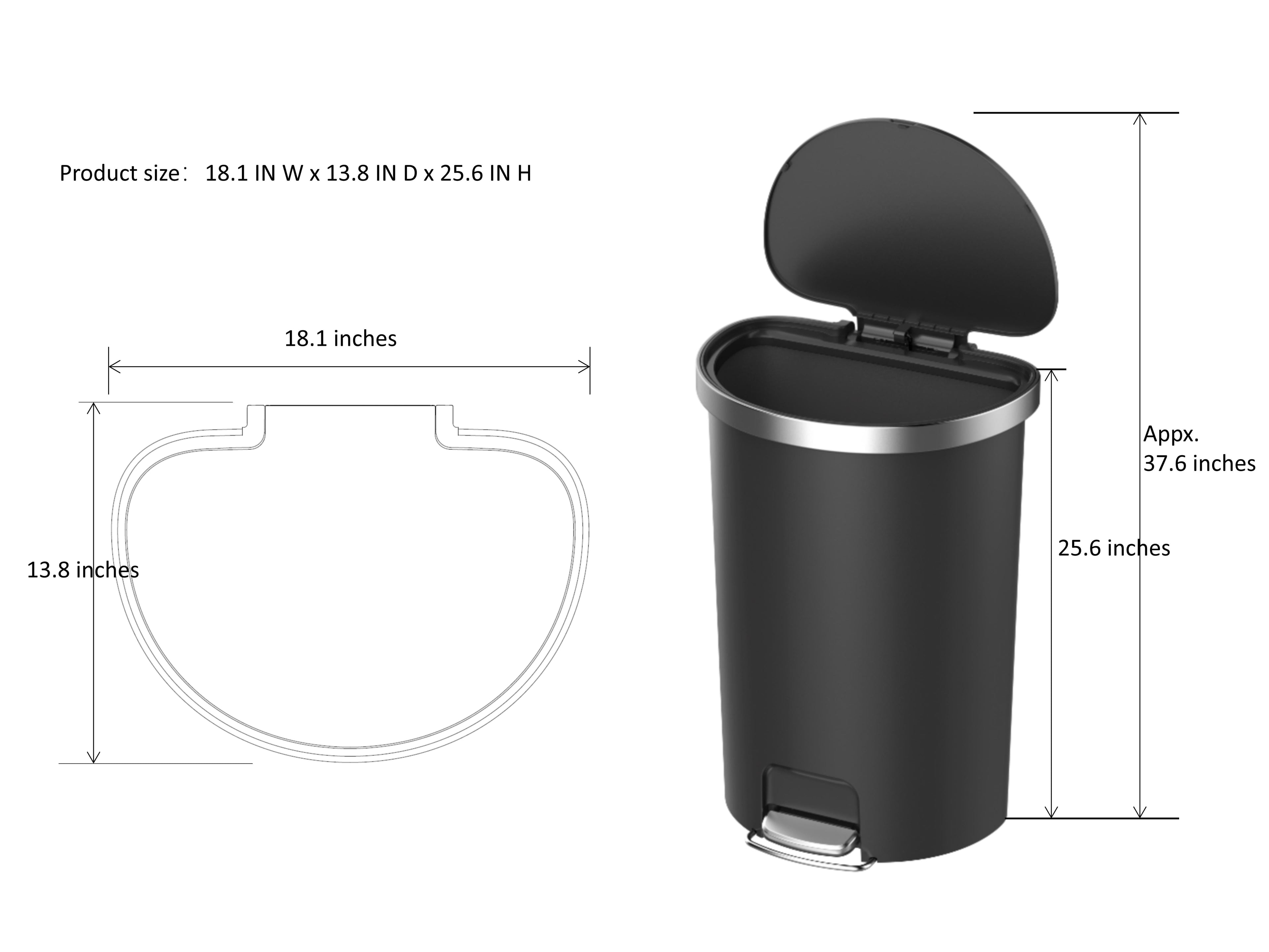  Large Kitchen Trash Can, 14.5 Gallon Plastic Semi Round Step Garbage Bin with Soft Close Lid, Black